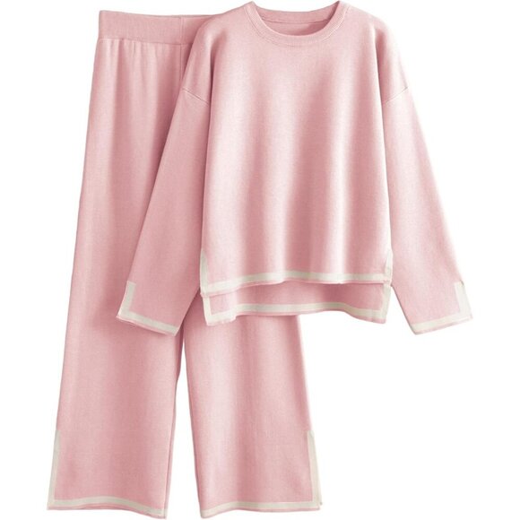 Women's Pink Long Sleeve Knit Sweater Top & Wide Leg Pants Lounge Set